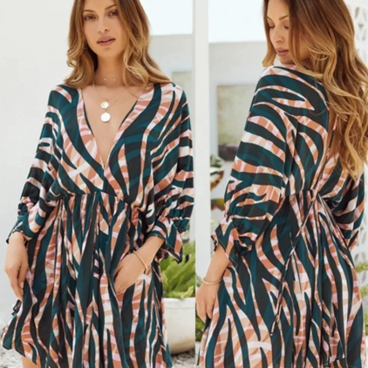 

2021 Autumn New Color Stripe Printing V-neck Tie Long-sleeved Dress