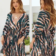 2021 outono nova cor listra impressão com decote em v gravata vestido de mangas compridas (2)