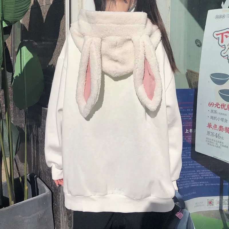 Harajuku Women Sweet Hoodies Cute Rabbit Ear Hooded Pullover Girly Fashionable Loose Lace-Up Sweatshirts Outwear Autumn Winter