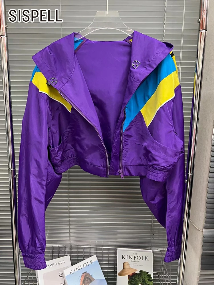 

SISPELL Streetwear Hit Color Short Jackets For Women Hooded Long Sleeve Patchwork Metal Buckle Loose Coats Female Spring 2023