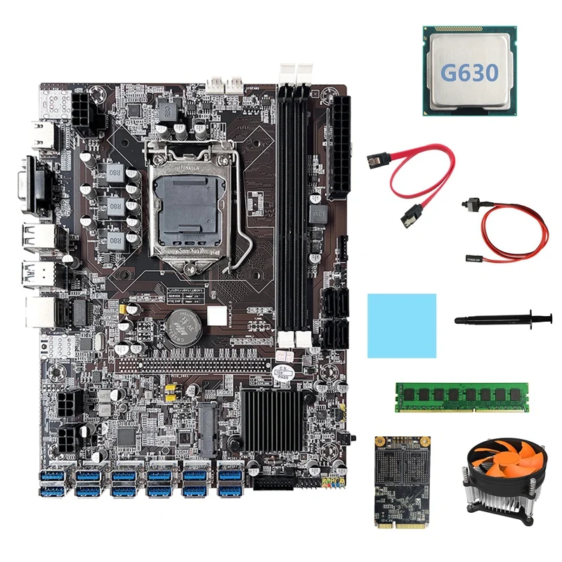 

B75 ETH Mining Motherboard 12XUSB+G630 CPU+DDR3 4GB RAM+128G SSD+Fan+SATA Cable+Switch Cable LGA1155 Motherboard