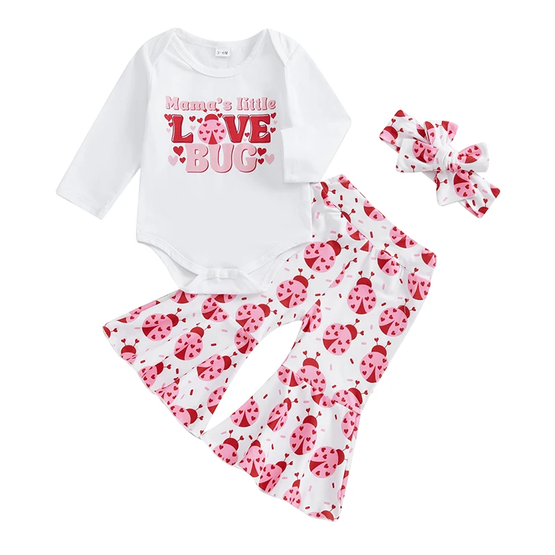 Baby Girls 3PCS Pants Sets Long Sleeve O Neck Romper Ladybug Bow Print Headband