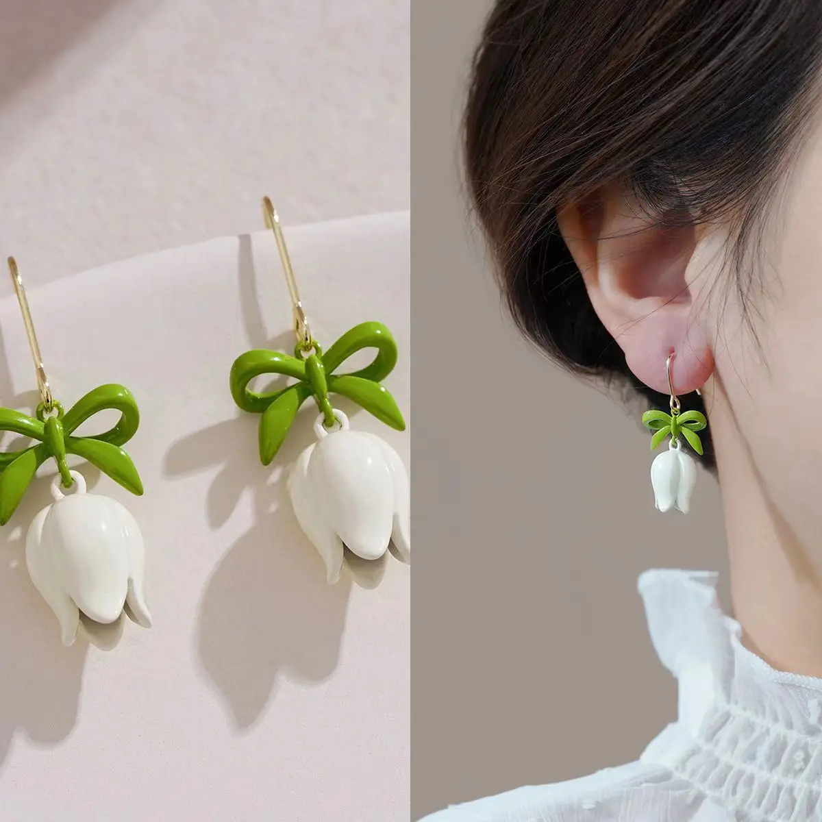 

Temperament Sweet White Lily of the Valley Flower Earrings Elegant Gentle Earrings Small Fresh Peach Pendant Ear Stud Jewelry