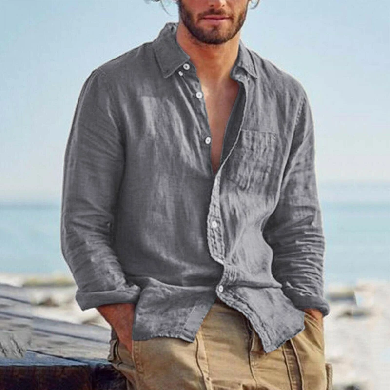 Summer Men's Baggy Solid Cotton Linen Shirt Long Sleeve Button Plus Size Tops M-3XL Hawaiian Beach Style Shirt Streetwear
