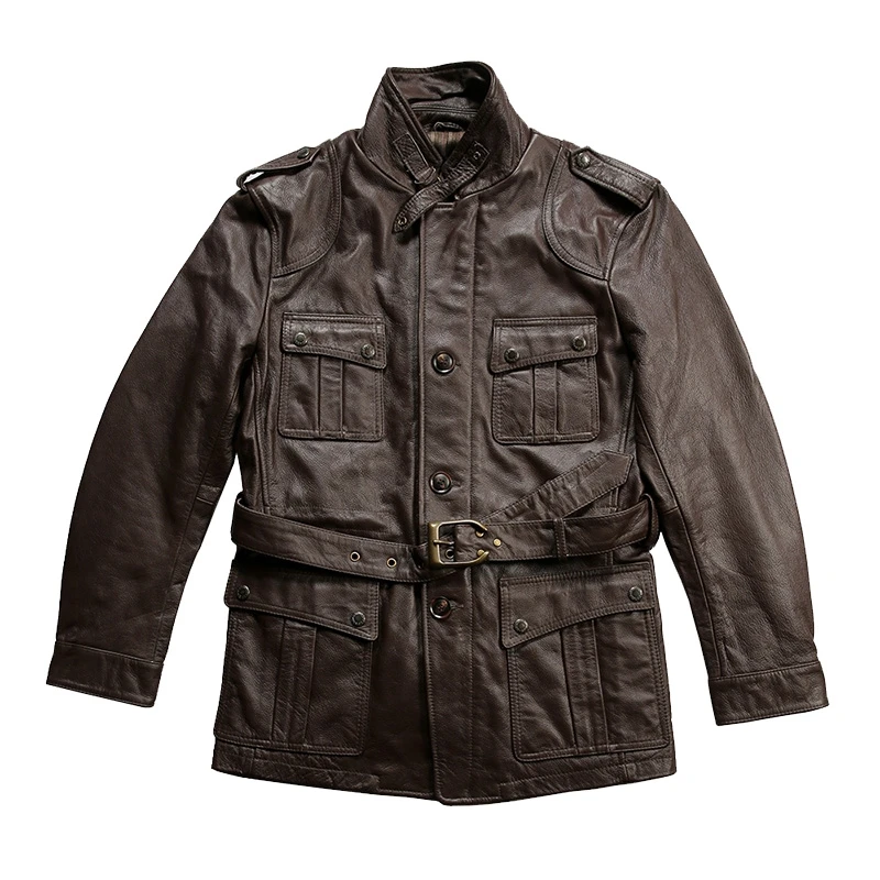 

Safari Style Brown Autumn Leather Jacket Men Four Pockets Plus Size 5XL Natural Cowhide Slim Fit Genuine Leather Coat