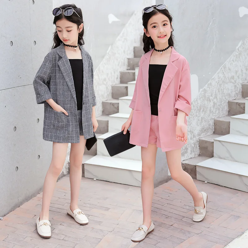 

Spring Autumn For Girls Blazer Jacket+Vest+Shorts Three-Piece Set Kids Tuxedos Suit Children Party Wedding Clothing 3-14 Years