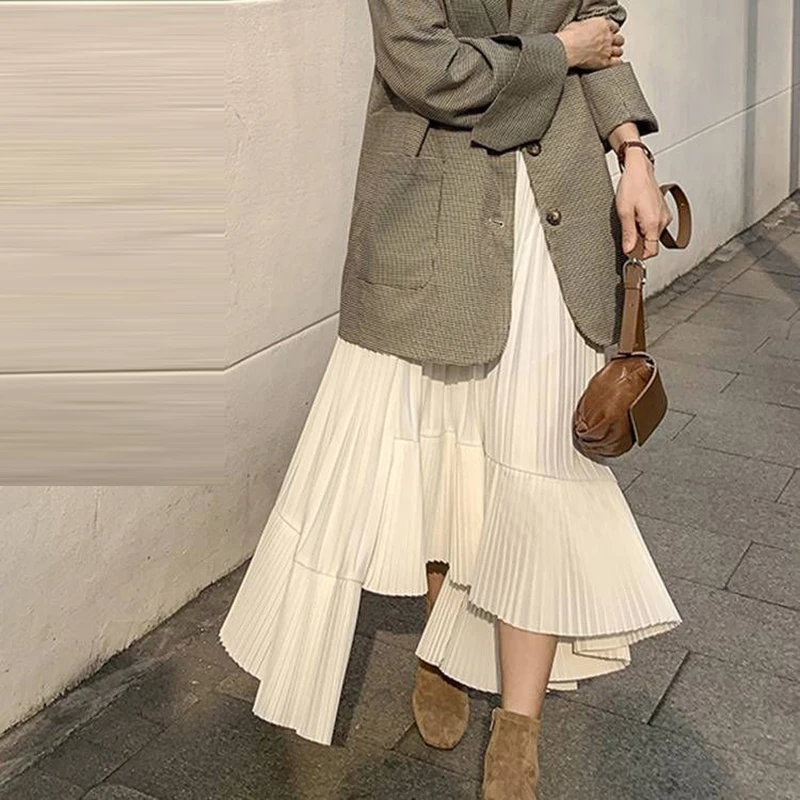 

Asymmetrical Pleated Chiffon Skirt 2020 Spring Summer Korea Fashion High Waist Slim White A Line Women Long Skirt S668