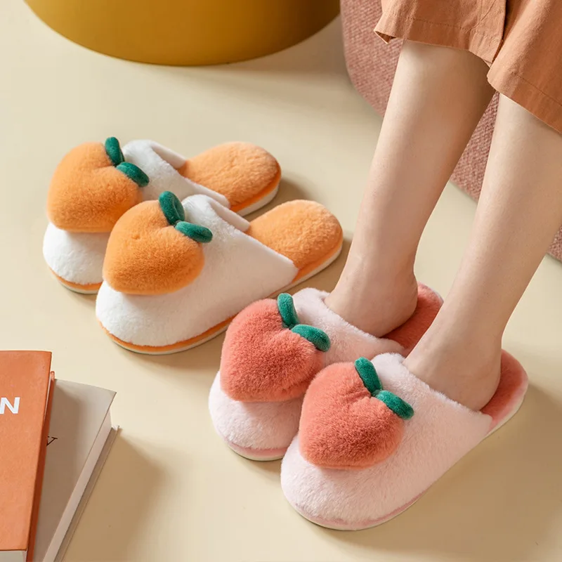 

Lovely Peach Plush Cute Indoor Wool Slippers for Home Shoes Non-Slip Floor Indoor Furry Slippers Women Shoes for Hotel Slipper