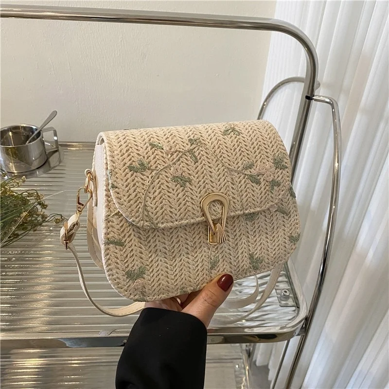 

Fashion Lace Flower Shoulder Crossbody Bag Straw Summer Beach Shopper Bag Ladies Handmade Woven Brand Designer Handbag for Girls