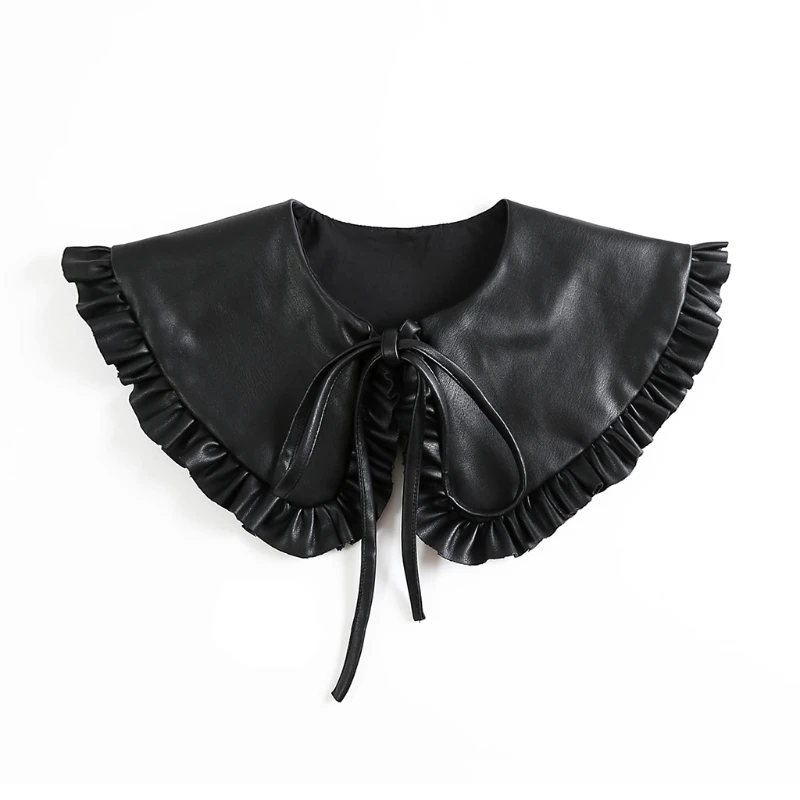 

Women Faux Leather Black False Collar Shawl for Doll Ruffled Wrap Self-Tie Ponch