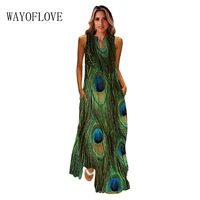 wayoflove 2022 green dress vintage casual beach breathable peacock feather long dresses summer woman sleeveless maxi dress women