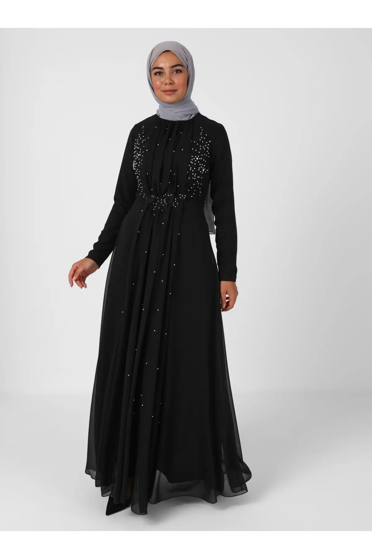 

Lace Detailed Beaded Hijab Evening Dress-Black-