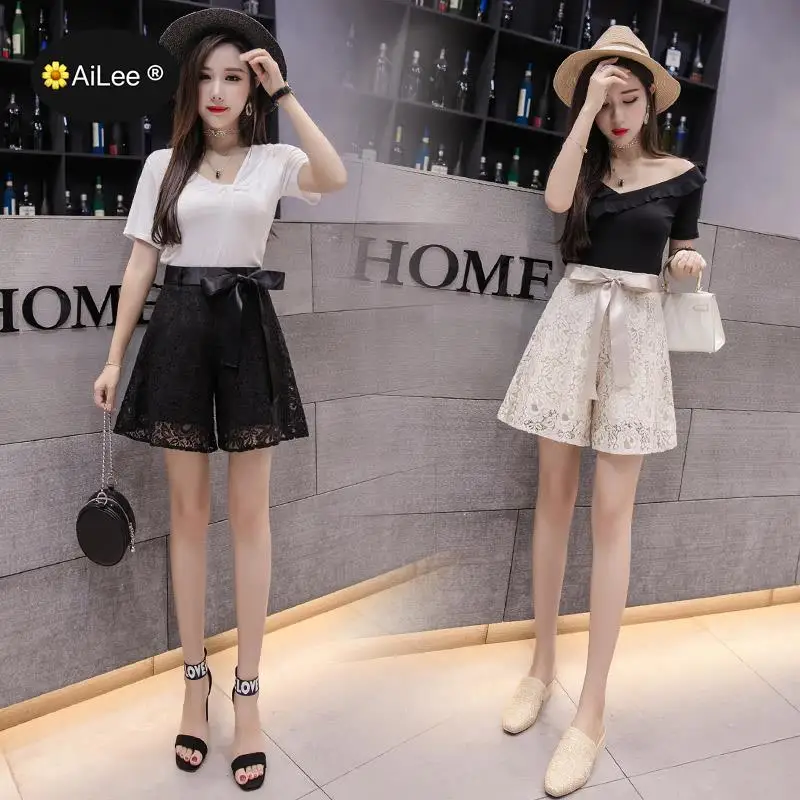 Women Wide Leg Lace Shorts Summer Loose Knee Length Shorts Ladies Casual High Waist Shorts Elegant Office OL Lady Street Shorts