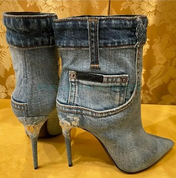 

Design Stileto High Heel Patchwork Denim Ankle Boots New Fashion Lady Pointed Toe Pocket Boots Lady 2022 Autumn Luxury Shoes