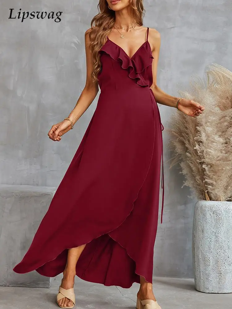 

Sexy Off Shoulder V Neck Ruffle High Waist Dress Elegant Women Sleeveless Sling Evening Dresses Summer Fashion Solid Long Dress
