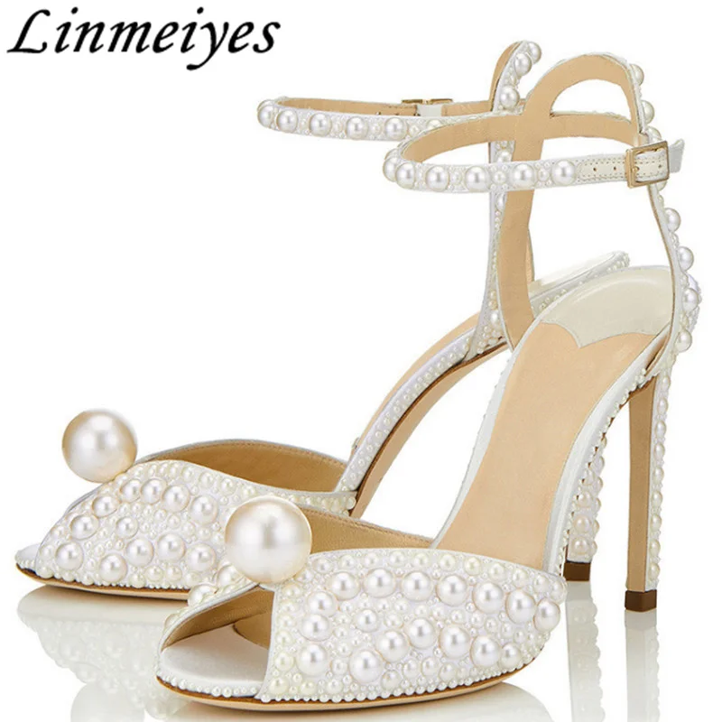 

Сандалии-гладиаторы женские на высоком каблуке, роскошные модельные туфли с открытым носком, туфли с жемчугом, белые, лето