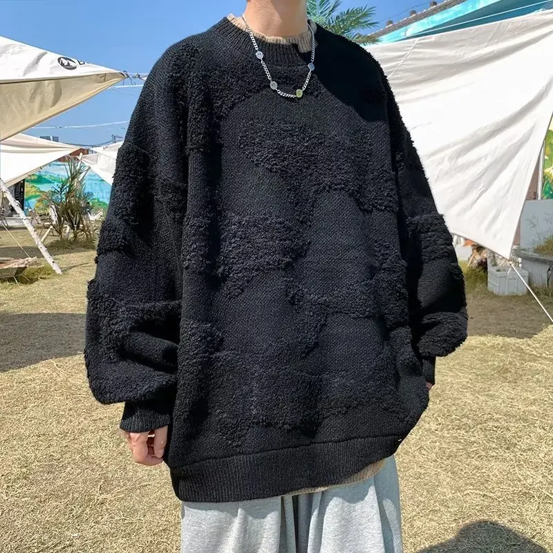 

Ro Men Oversized Sweaters Black Loose O Neck Vintage Retro Knitted Sweater New Autumn Couple Solid Color Pullover Unisex