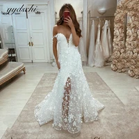 2022 bohemian white lace wedding dress ball gown off the shoulder vintage tulle appliques bridal gown beach robe mariage femme