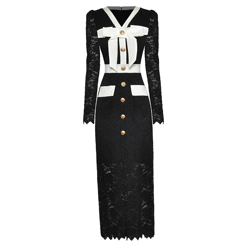 

Dresses For Women 2023 Runway Luxury Designer Spring Summer Lace Pencil V-Neck Long Sleeve Hollow Out Elegant Party Dress OL