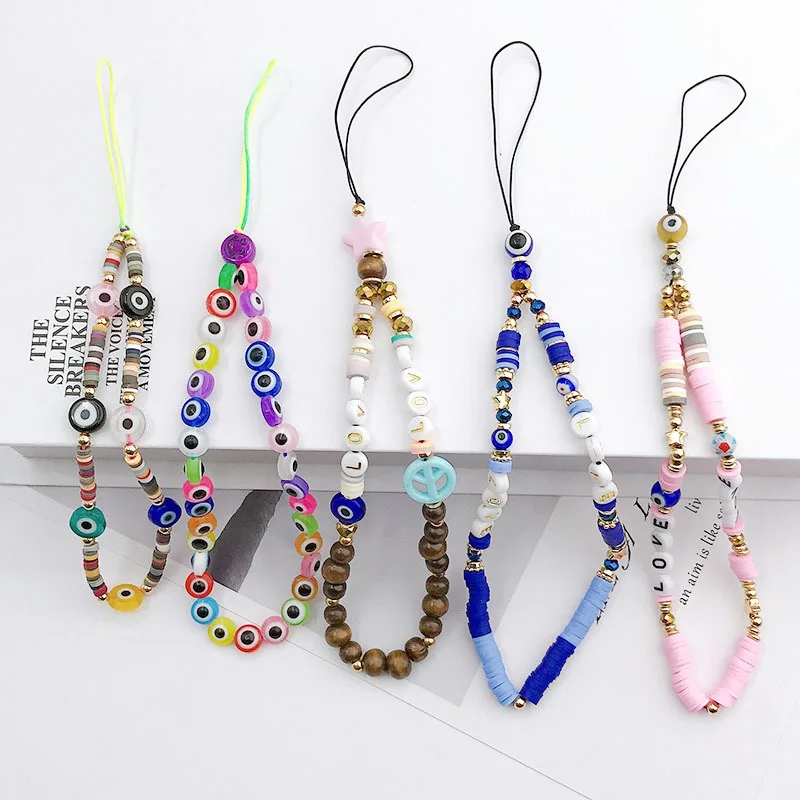 

Fashion Charm Pearl Clay Beaded Mobile Phone Chain Acrylic Cartoon Phone Jewelry Women Girls Anti Lost Telephone Lanyard Hanging