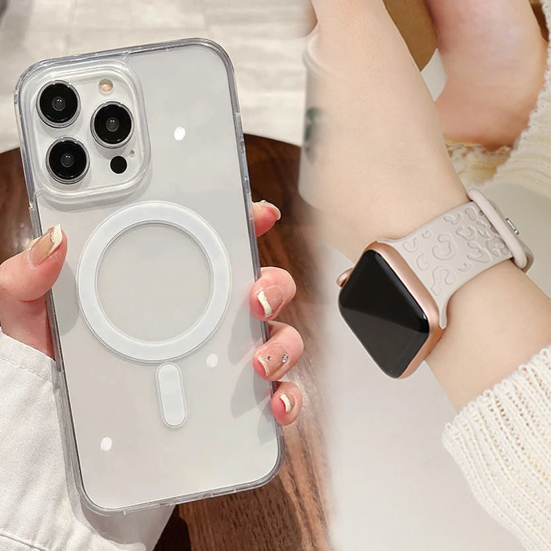 Силиконовые ремешки для Apple Watch Band 44 мм 45 40 46 42 браслет + прозрачный магнитный чехол