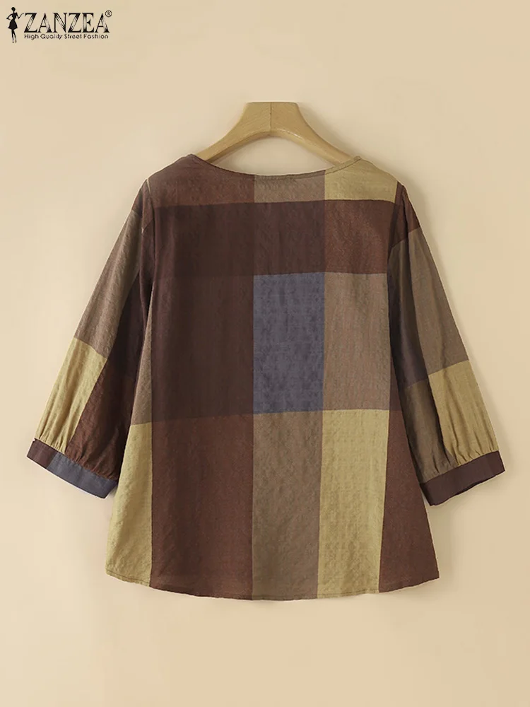 ZANZEA Женская Винтажная Клетчатая Блузка Повседневный Топ С Круглым Вырезом И