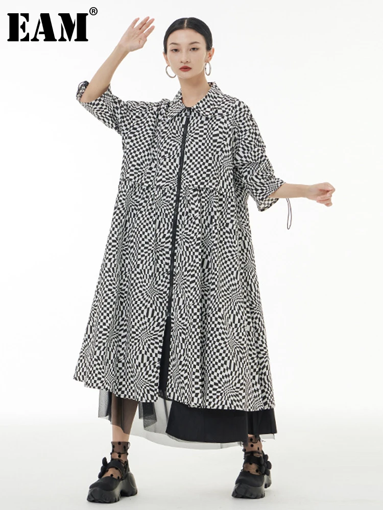 

[EAM] Women Black Plaid Long Drawstring Big Size Dress New Lapel Half Sleeve Loose Fit Fashion Tide Spring Autumn 2023 1DE9940