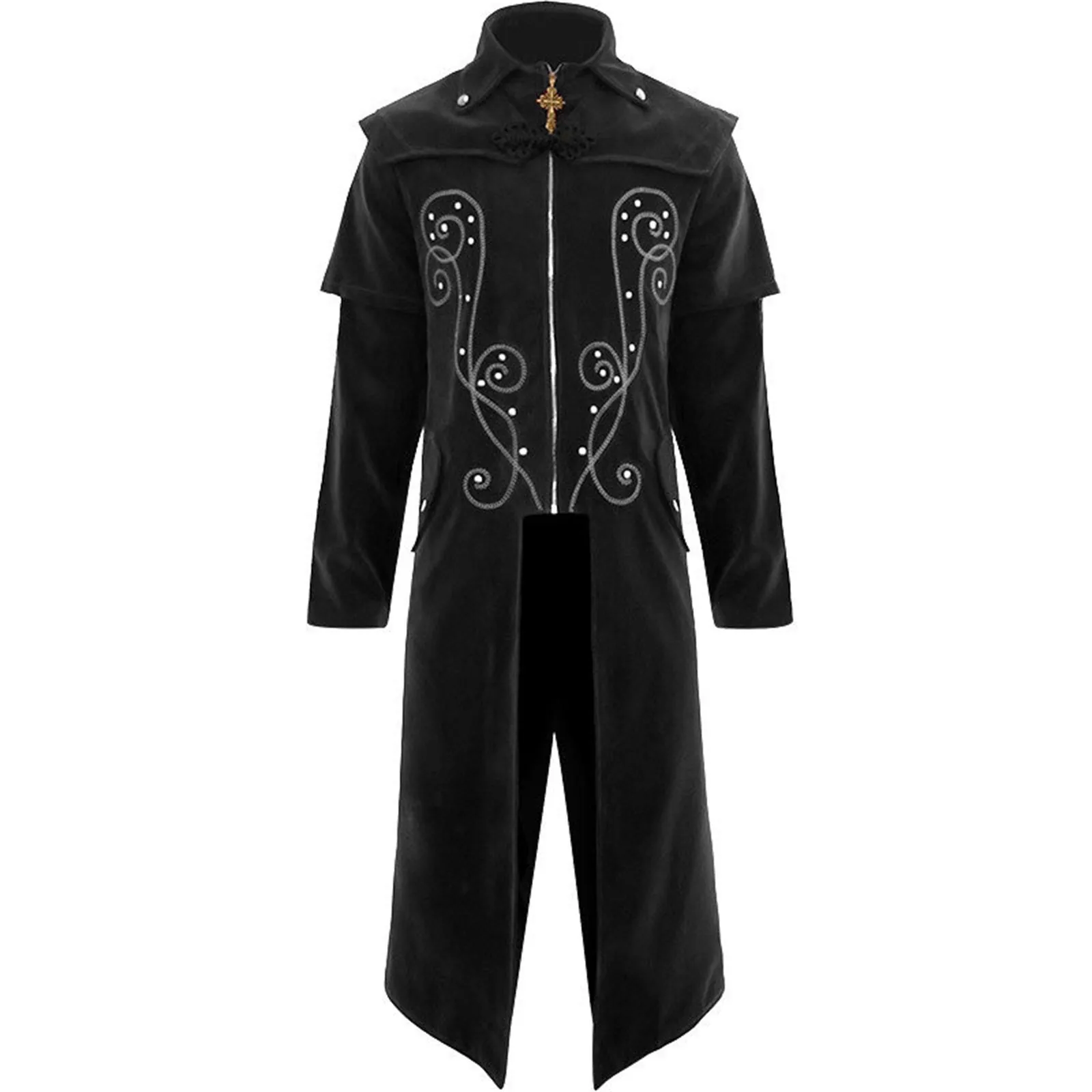 

Vintage Halloween Medieval Steampunk Assassin Elves Pirate Costume Adult Men Black Long Split Jacket Gothic Armor Leather Coats