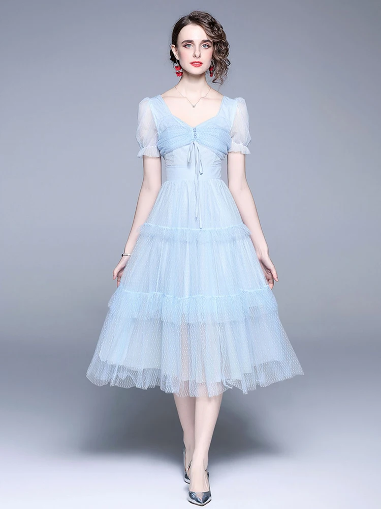 

Runway Elegant White Dot Mesh Dress Women Ruched Lace Up V-Neck See Through Short Sleeve Tulle Embroidery Party Vestidos M8311