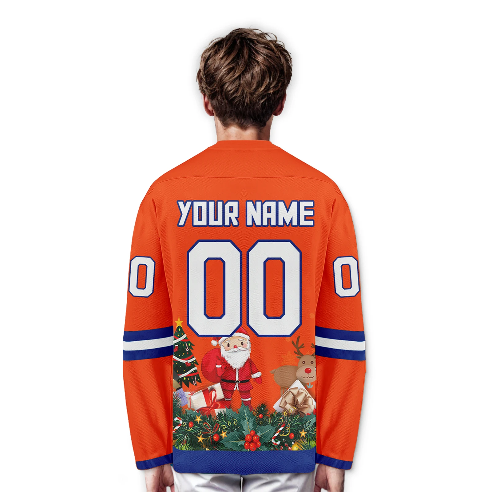 Оранжевый рождественский хоккейный трикотаж с принтом имени команды номер