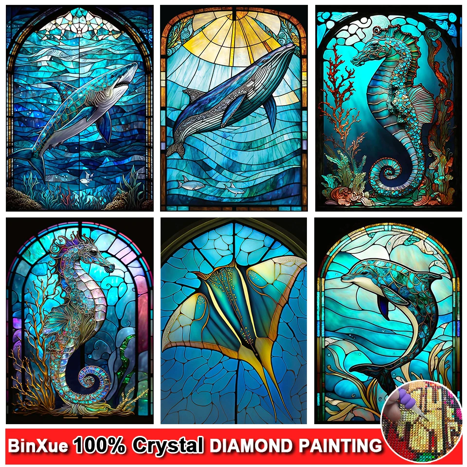 

Stained Glass 5D DIY Full 100% Crystal Diamond Painting Seahorse Eel Shark Rhinestone Embroidery Dolphin Sea Turtle Mosaic Art