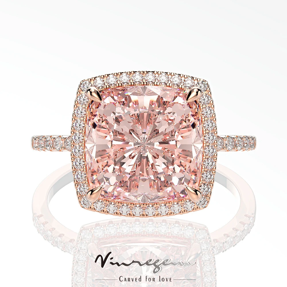 

Vinregem розовое золото, 925 стерлингового серебра, искусственное кольцо 5CT Morganite с мусанитом, свадебные ювелирные изделия для помолвки, оптовая п...