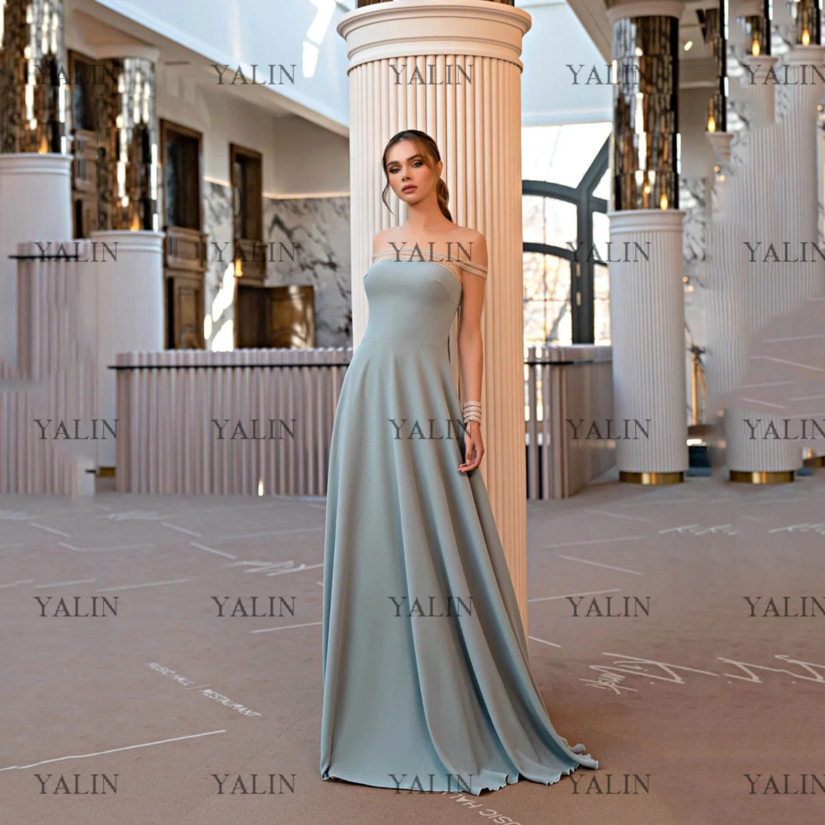 

YALIN Modern Illusion Off The Shoulder Evening Dresses Floor Length Beading Mermaid Wedding Party Dress Backless Celebrity Gown