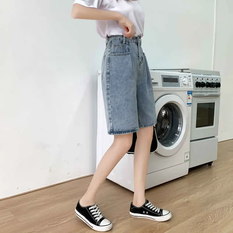 Bermuda Women's Shorts Denim Half Pants Y2K High Waist Long Cute Casual Biker Wide Baggy Korean Jean Shorts Woman Summer Fashion