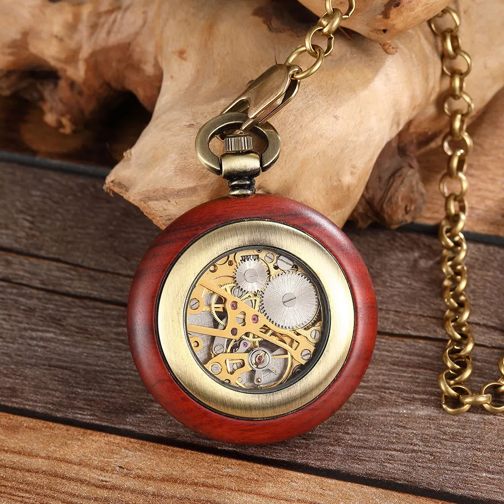 Wooden Case Mechanical Pocket Watch Hand Winding Steampunk Skeleton Fob Watches Chain Romans Necklace Pendant For Men Women