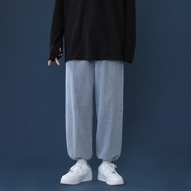 Drawstring Jeans Men's Korean Style Trendy Loose Casual Denim Trousers Fashion Streetwear Male High-quality Brand Pants