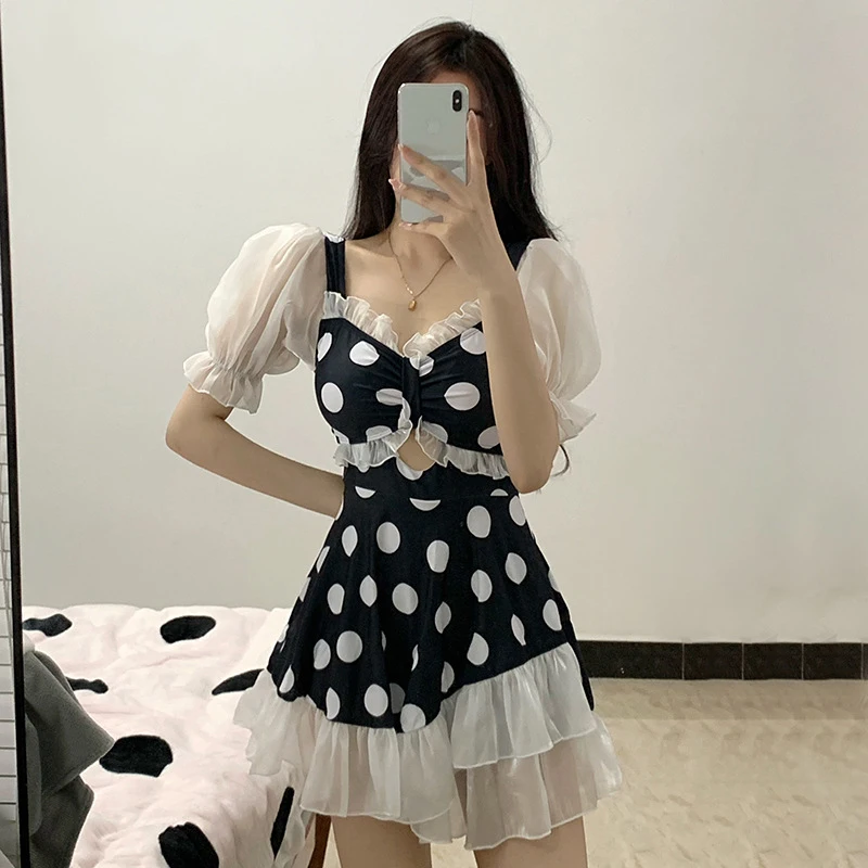 

Купальник женский сплошной с завышенной талией, в горошек