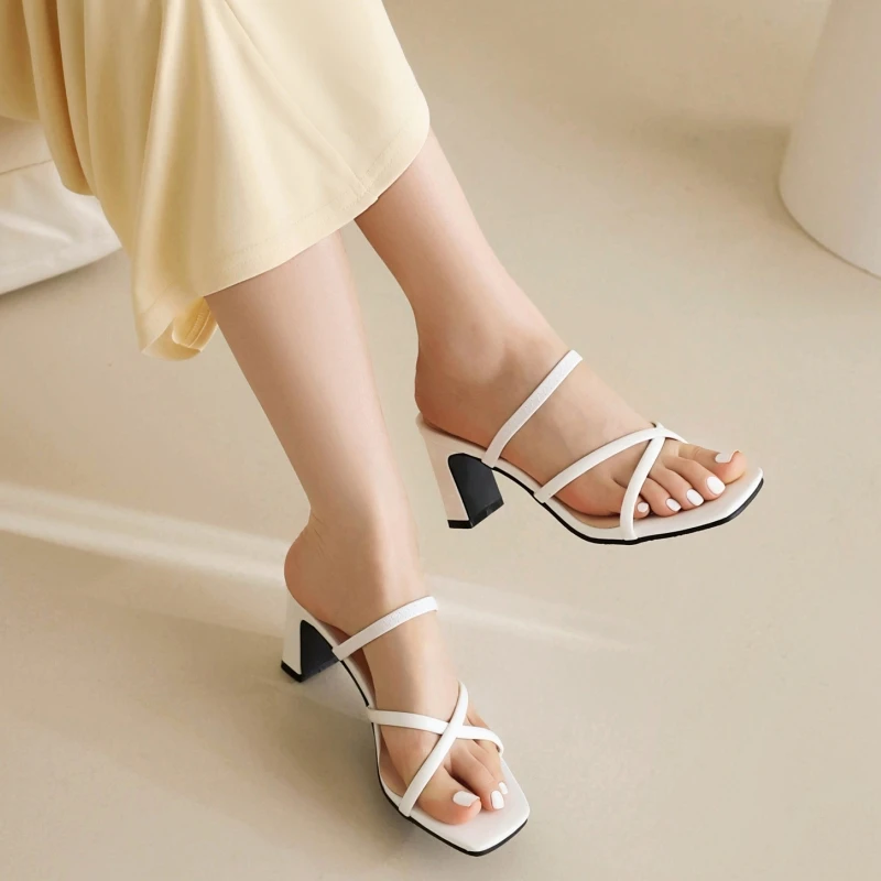 2023 Womens Mule Shoes Strappy Sandals Thick High Heeled Slip-on Shoes Open Toe High Heeled Sandals Summer Sexy Casual Sandals