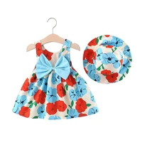 2022 new baby girl dresses bow hat flower sleeveless princess dress for girls clothing summer cute children clothes 2pcs set