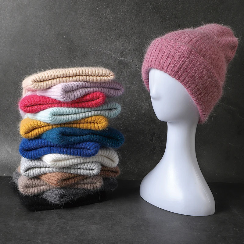 

Winter Hat Angora Rabbit Fur Hats for Women Fashion Warm Beanie Candy Color Striped Knitted Hat Women Solid Adult Cover Head Cap