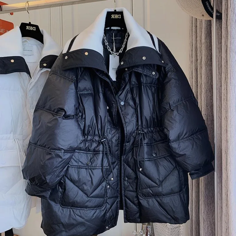 

Winter Womens Down Cotton Jacket Black And White Contrast Knit Lapel Stitching Outwear Mid-length Loose Pocket Parka Coat Female