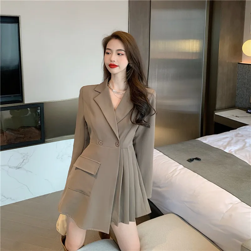 

Spring/Autumn Long Sleeve Women Dress French Hepburn Style Notched Collar Elegant Asymmetry Pleated Fashion Female Suit Dresses