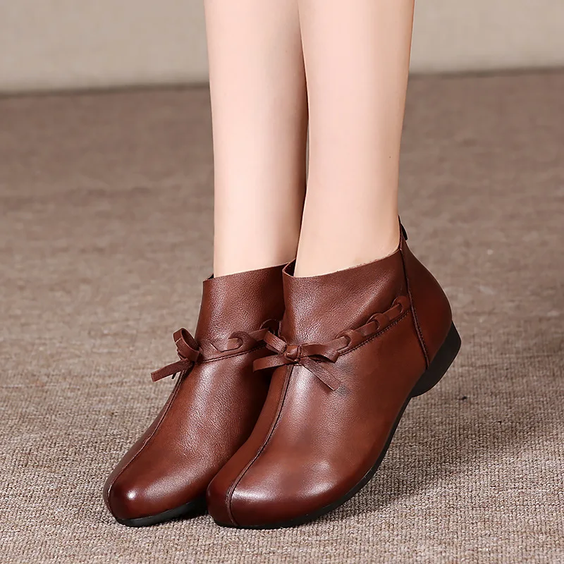 

Vintage Brown Leather Boots Winter Woman 2022 Wedge Booties Fashion Butterfly-knot Retro Shoes Ladies Zip Platform Boot Female