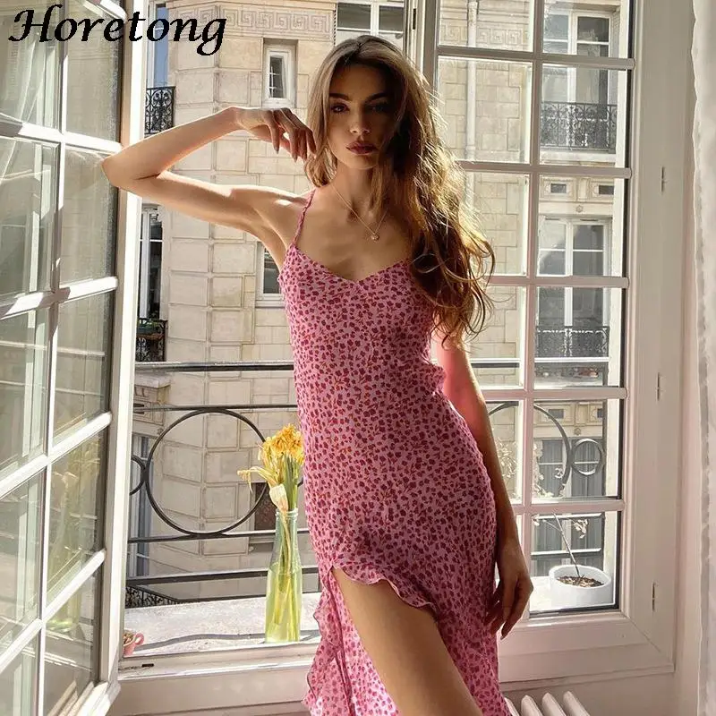 

Horetong Summer French Midi Party Dress Women Ruffle High Split Vintage Sexy Strap Sleeveless Dresses Sweet Floral Print Robe
