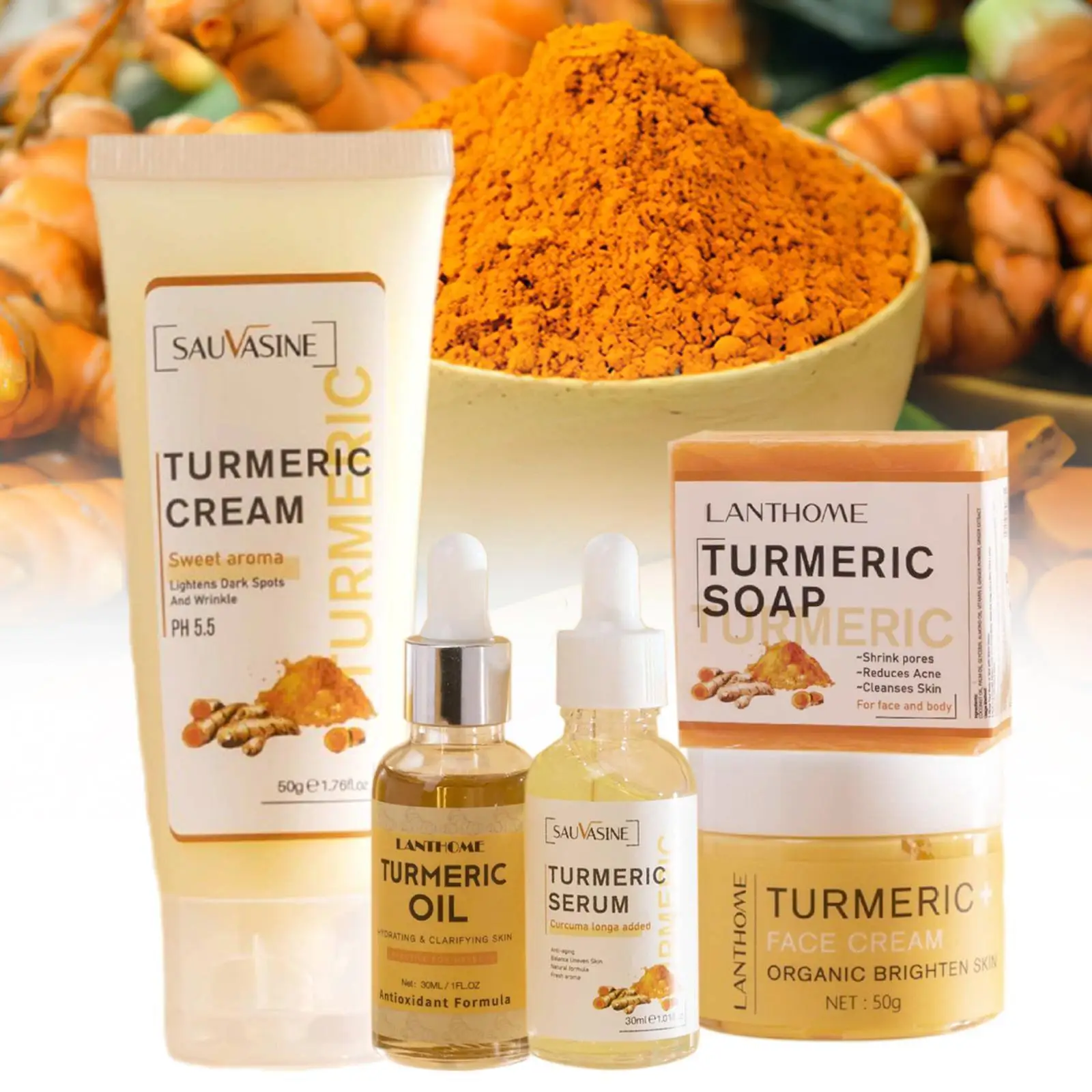 

5pcs Face Care Sets Turmeric Facial Acne Cleansing Moisturizing Anti-Aging Cream Turmeric Spots Fade Serum Skin Dark T4F6