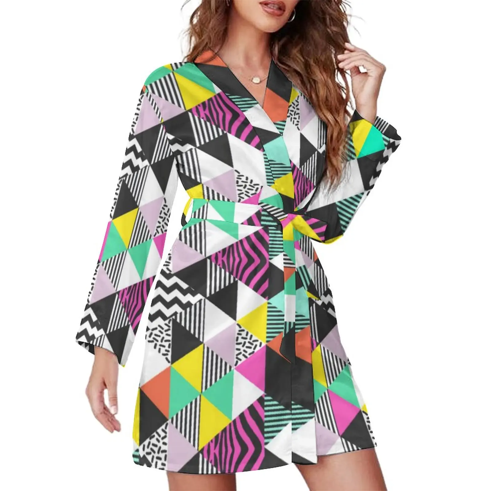 

Modern Geometric Art Pajama Robe V Neck Abstract Triangles Soft Dresses Lady Long-Sleeve Casual Nightgown Graphic Pajamas Robes