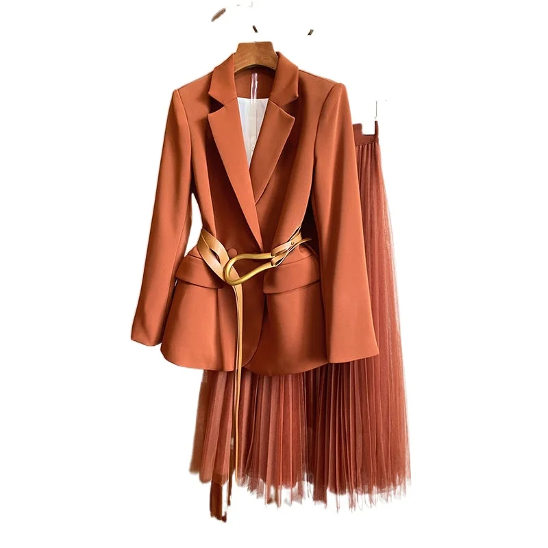 High-end quality 2021 spring new caramel suit jacket + mesh skirt professional two-piece suit