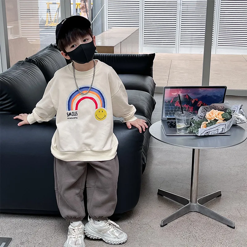 

Boys and girls cartoon Rainbow letters hoodies pullovers Kids round neck loose sweatshirts Tops