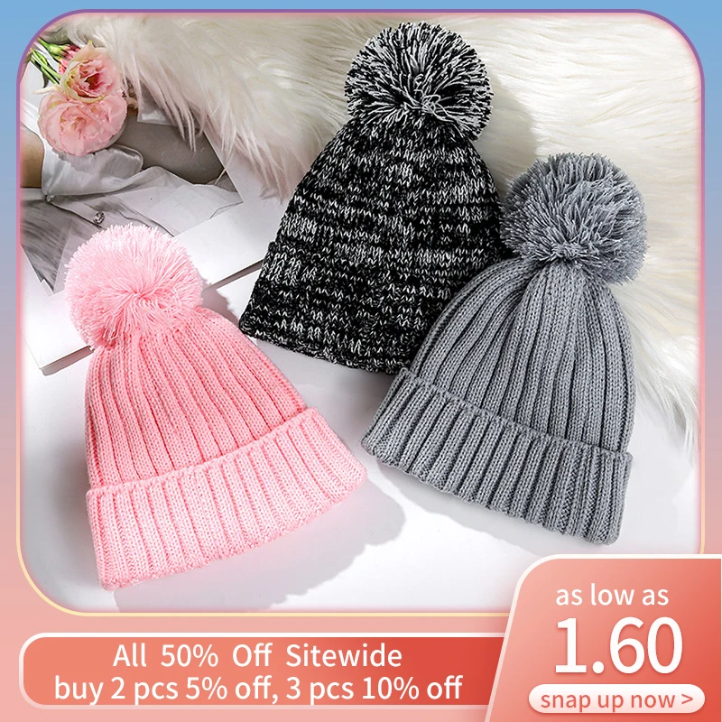 

Pompom Children Beanies Thick Wool Kids Knitted Hat For Boy Girl Autumn Winter Warm Baby Skullies Cap Solid Color Crochet Bonnet
