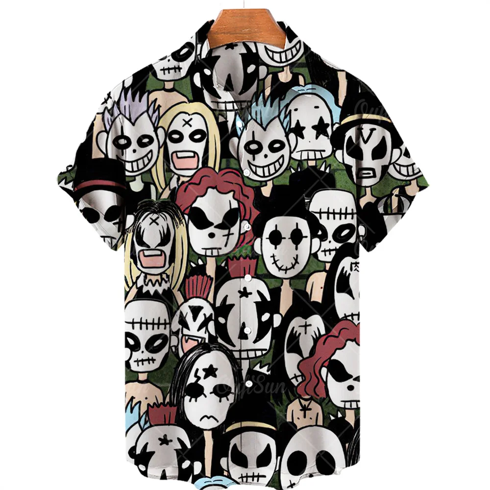 Skull Print Hawaiian Shirt Men Summer Short Sleeve Loose Beach Breathable Hip Hop Harajuku Top Oversize 5XL